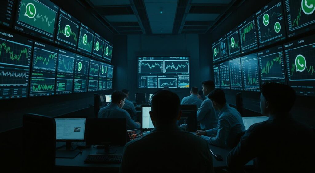 A dimly lit war room, the walls lined with monitors displaying graphs and charts of WhatsApp's global user activity. In the center, a team of engineers and analysts pore over data, brows furrowed, as they try to piece together the cause of the latest outage incident. The room is illuminated by the soft glow of the screens, casting dramatic shadows that accentuate the tension and urgency of the situation. The camera angles alternate between wide shots that capture the scale of the operation and tight, close-up shots that convey the intense focus and concentration of the team. The overall mood is one of uncertainty and apprehension, as the team races against the clock to restore service and minimize the impact on WhatsApp's billions of users worldwide.