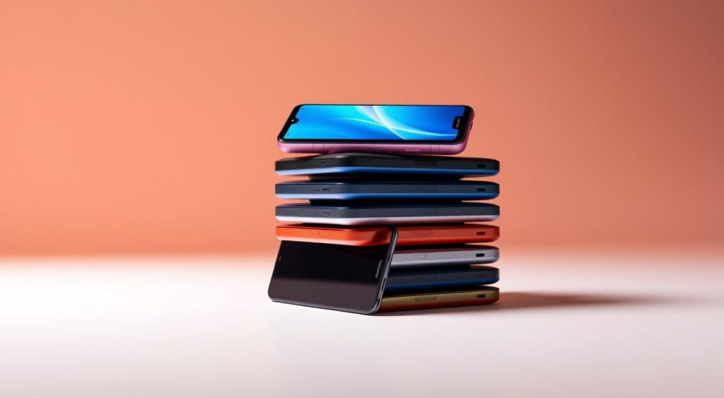 A stack of the latest iQOO smartphone models, each showcasing their impressive battery life. Captured in a clean, modern studio setting with soft, diffused lighting, highlighting the sleek design and vibrant colors of the devices. The phones are arranged in a visually appealing layout, angled to showcase their screens and side profiles. The background is a minimalist, muted color that allows the phones to take center stage. The overall tone is one of technological sophistication and emphasis on the superior battery performance of these iQOO models.